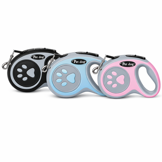 Three retractable pet dog leashes with paw print designs, shown in black, light blue, and pink. Each leash has a gray paw print accent and a silver carabiner clip, with 'Pet dog' printed on the front.