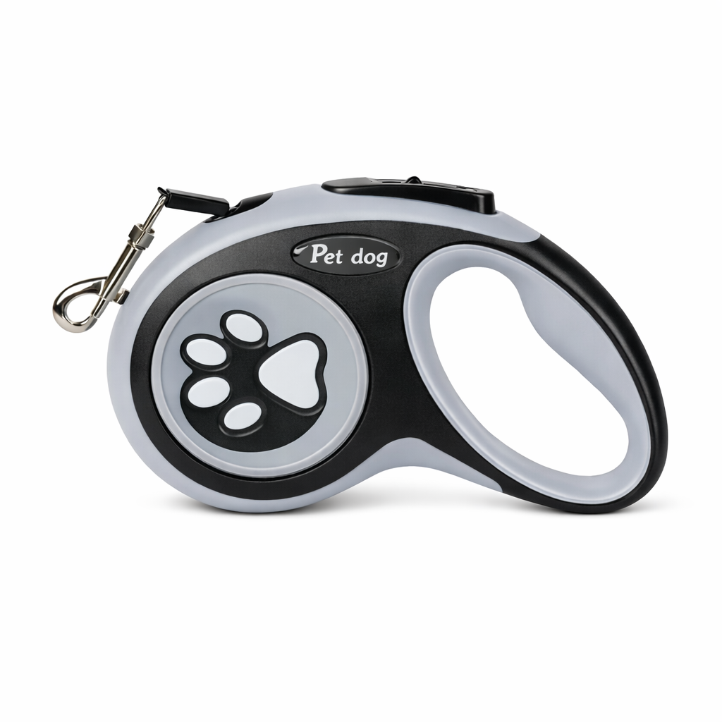 A retractable pet dog leash with a gray and black plastic body, featuring a paw print design on the front and a metal clip attached, shown on a white background.