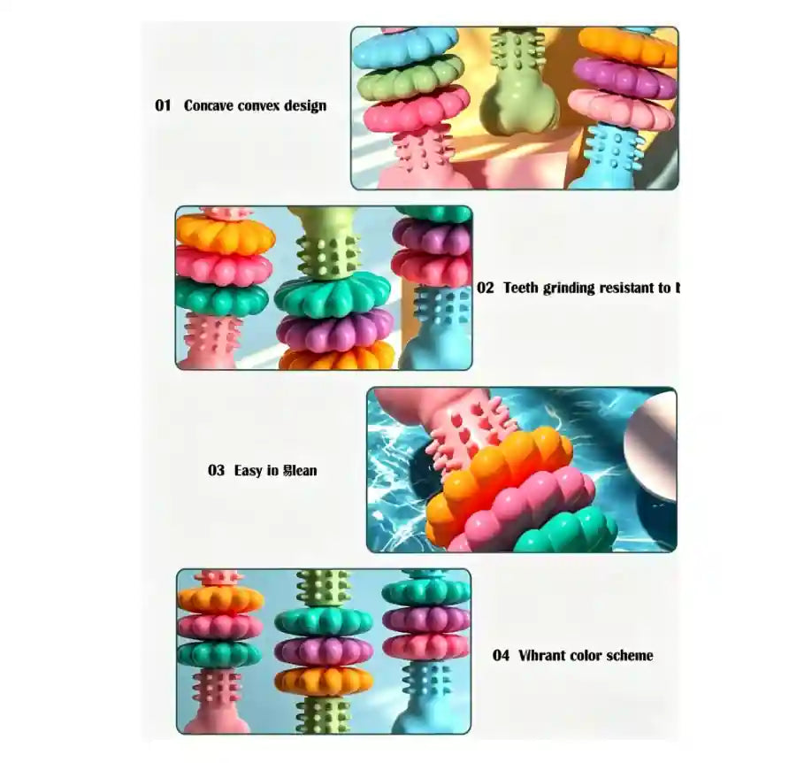A four-panel product feature graphic showing a colorful oral sex toy with text callouts: concave convex design, teeth grinding resistance, easy to clean, and vibrant color scheme. The product is shown in multiple bright colors including pink, orange, yellow, green, and blue.