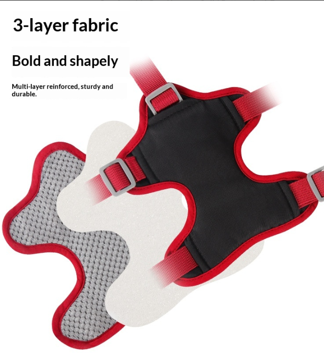 A black and red dog harness with silver buckles, shown with three layered white inserts on a white background with text describing its features.