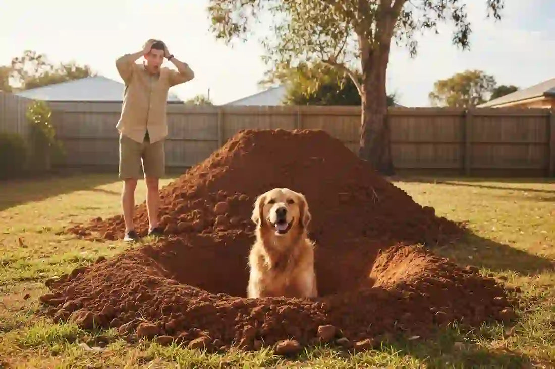 Golden retriever sitting happily inside a large hole it dug in a backyard, with a shocked owner standing behind a massive dirt mound