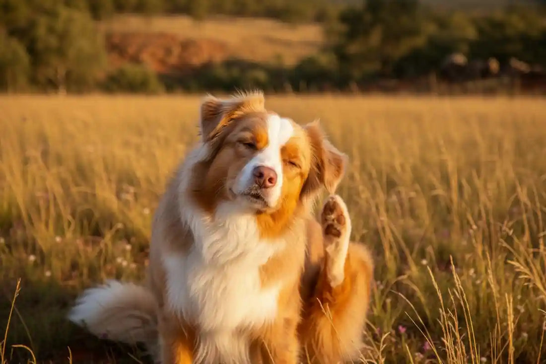 Dog scratching its ear in golden grass with an Australian outback backdrop, showing signs of spring allergy symptoms