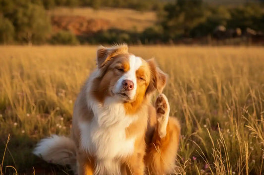 Dog scratching its ear in golden grass with an Australian outback backdrop, showing signs of spring allergy symptoms