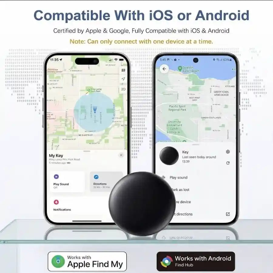 A black spherical smart key finder shown in front of two smartphone screens displaying the Find My app, with text stating compatibility with iOS or Android and Apple and Google certification.
