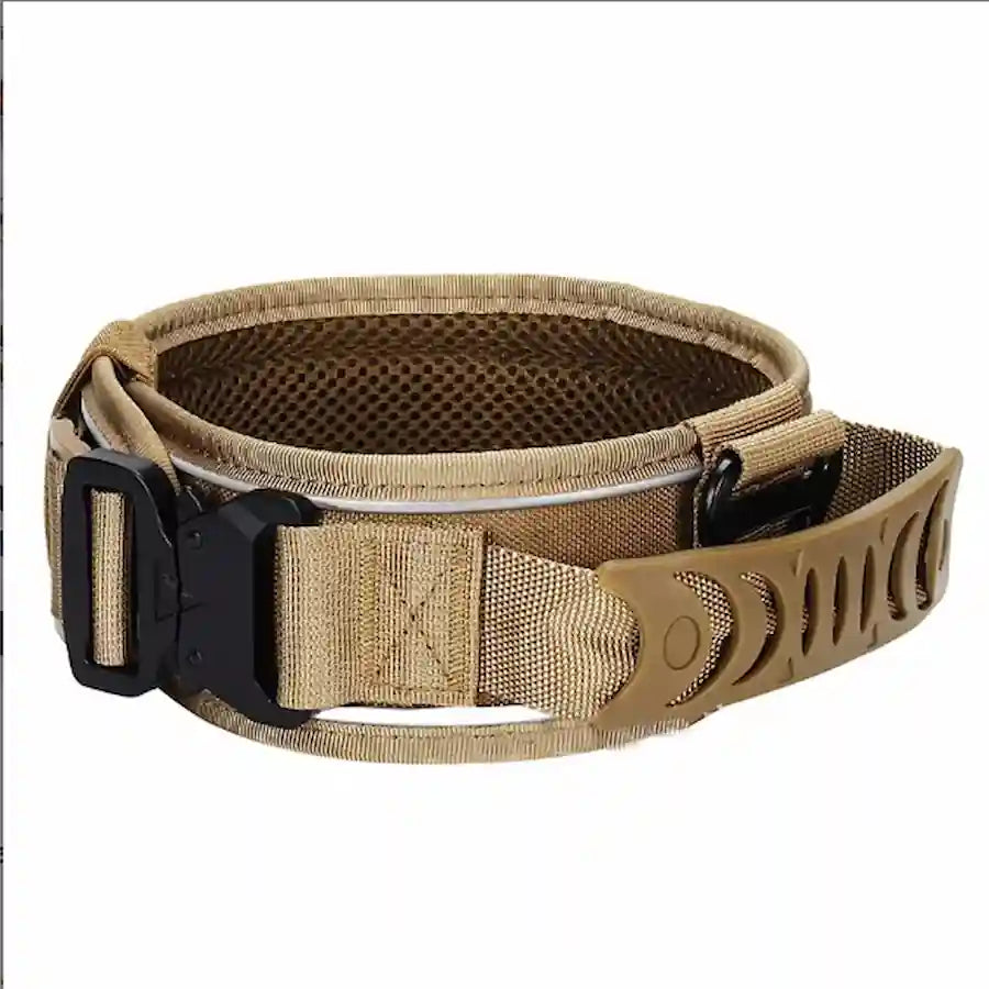 A tan Collar with a black quick-release buckle, featuring a textured mesh interior and adjustable strap with a distinctive cutout buckle end.