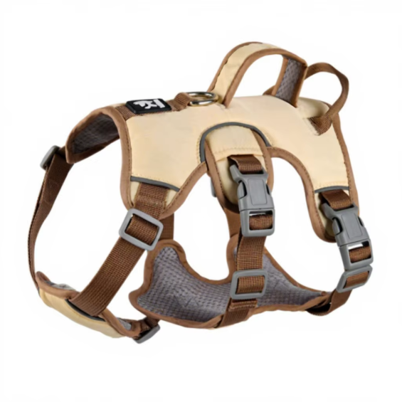 Dog harness with beige and brown straps on a white background