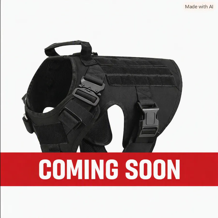 A black dog harness shown on a light gray background with a red banner across the bottom reading 'COMING SOON' and small text in the top right saying 'Made with AI'.