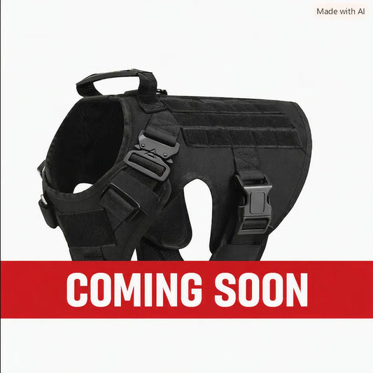 A black dog harness shown on a light gray background with a red banner across the bottom reading 'COMING SOON' and small text in the top right saying 'Made with AI'.