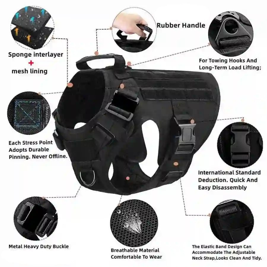 Black tactical dog harness with multiple callout circles and text labels explaining features such as a rubber handle, stress point pinning, breathable material, and heavy-duty buckles on a white background.