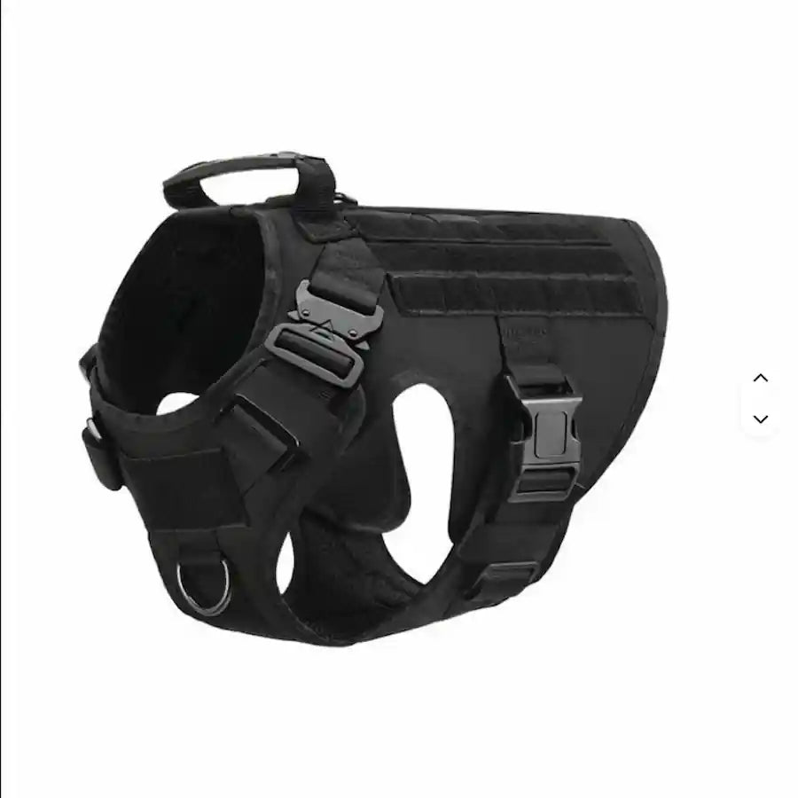 A black tactical dog harness with adjustable straps, quick-release buckles, and a top carry handle, shown on a plain white background.