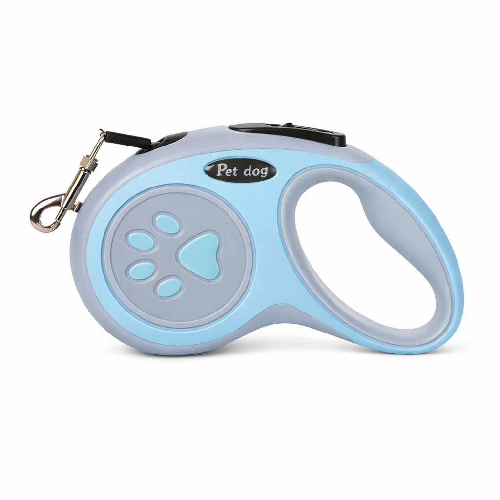 A retractable pet leash with a light blue and gray plastic housing, featuring a paw print design on the front, a metal clasp, and a black button on top, shown on a white background.