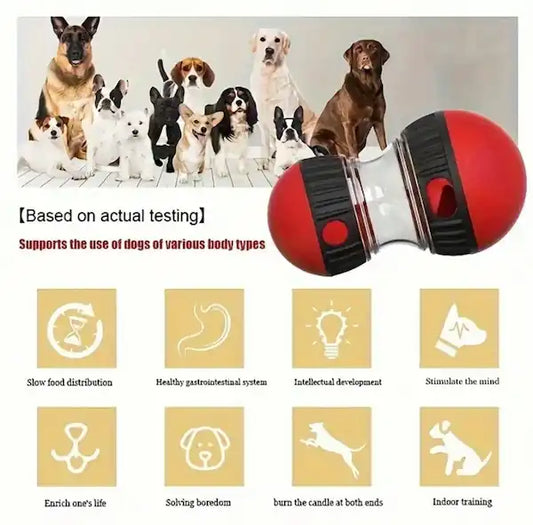 Dog toy with text and icons indicating benefits for dogs, surrounded by various breeds.