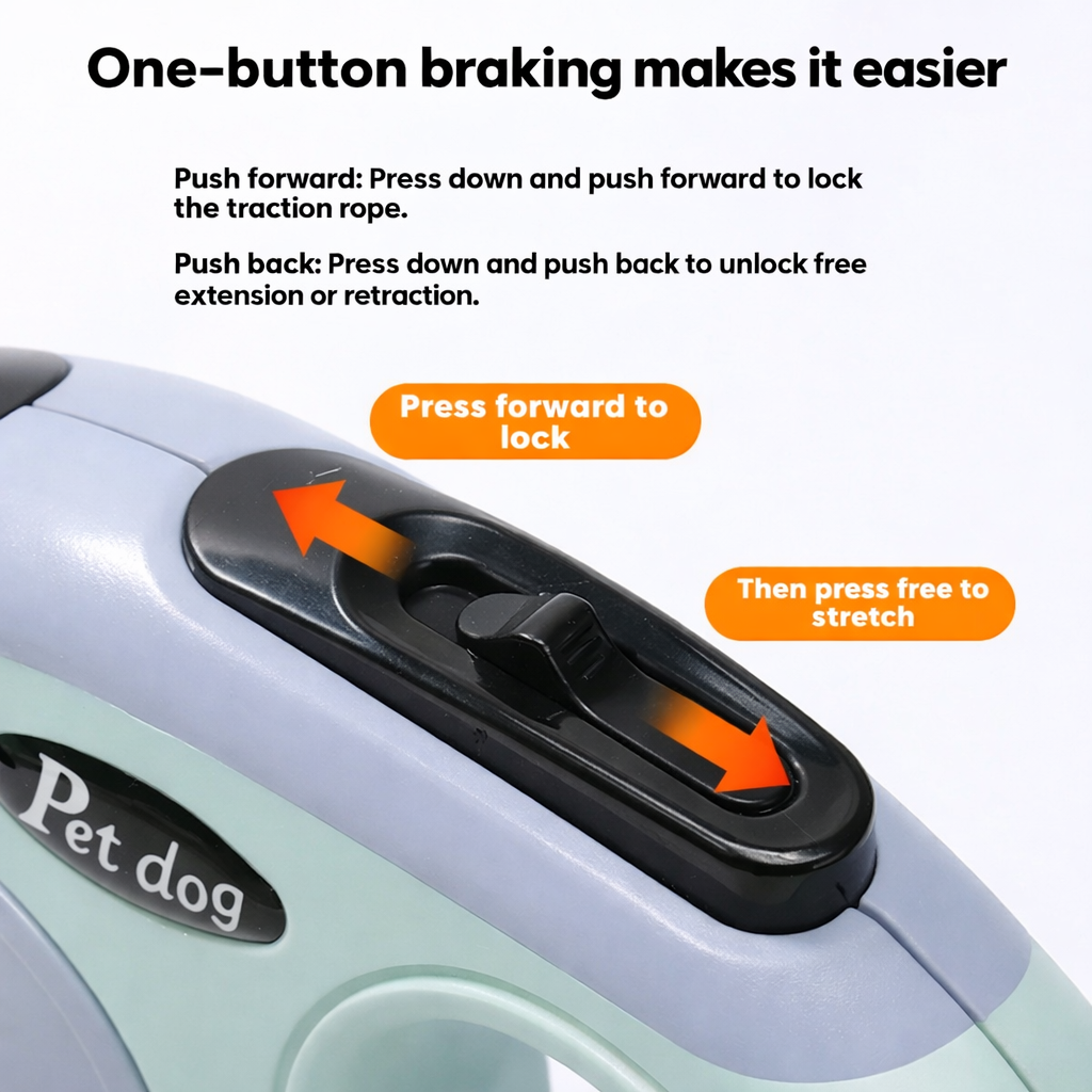 Close-up of a pet grooming tool with an instructional callout showing how to use a one-button brake to lock and unlock the traction rope. Text explains pushing forward to lock and pushing back to unlock, with orange arrows indicating direction.