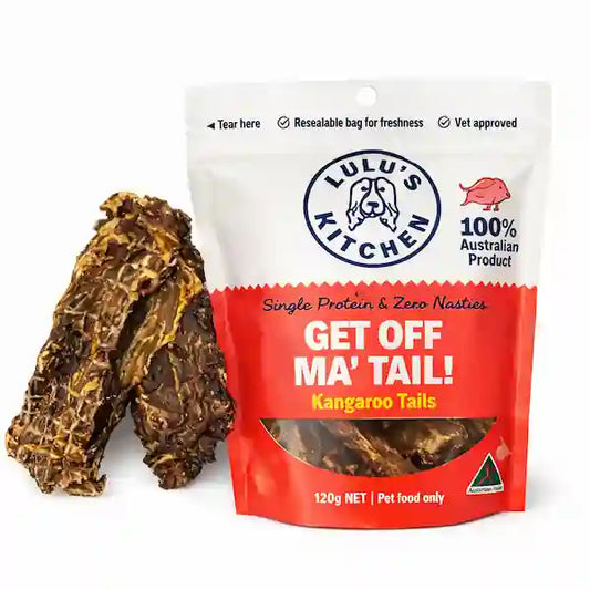 "Dried kangaroo tail dog chew — natural single-ingredient treat for large dogs"