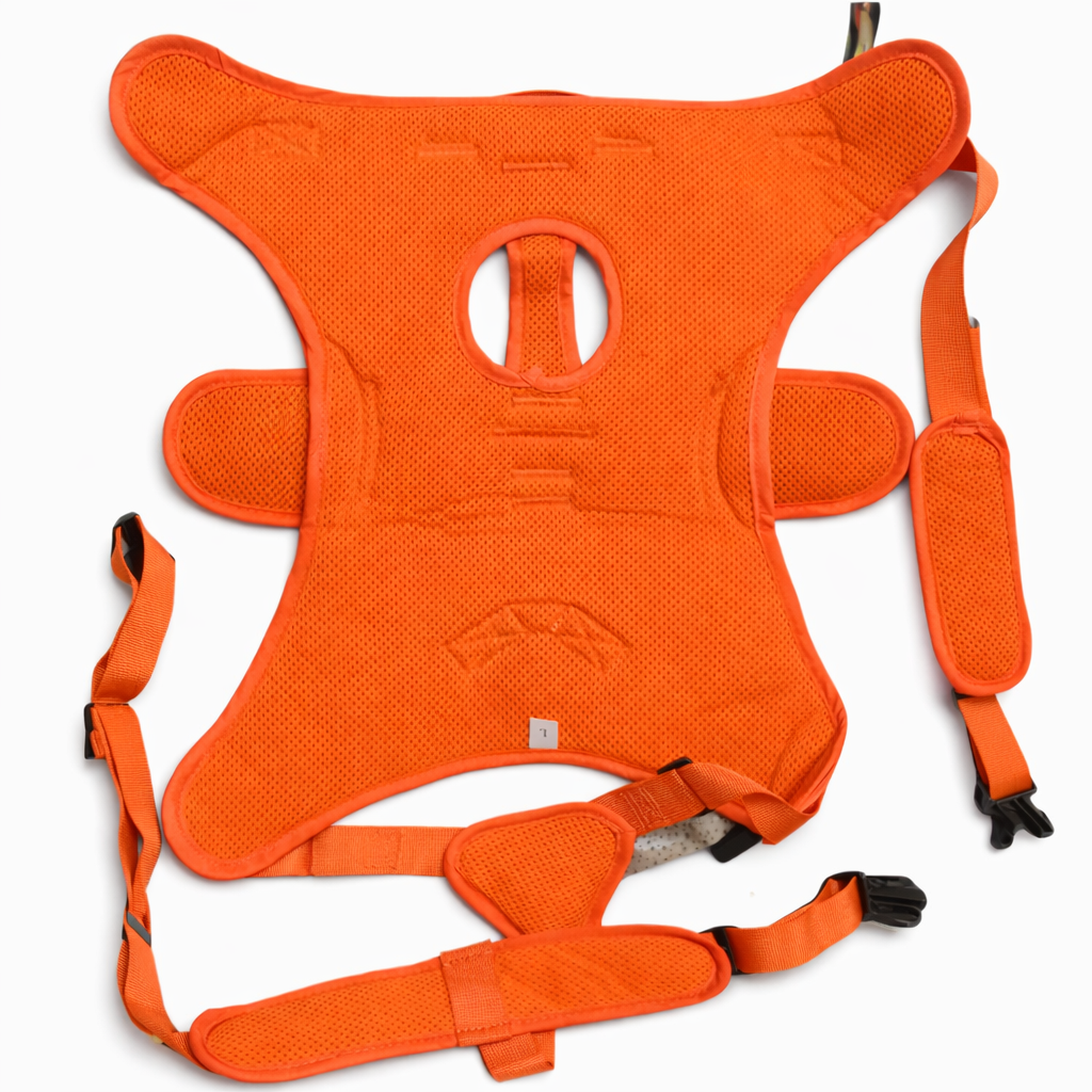 Bright orange baby harness with mesh padding and adjustable straps, laid flat on a white background.
