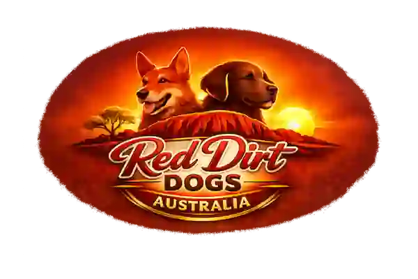 A circular logo graphic for 'Red Dirt Dogs Australia' featuring two dogs against a warm sunset landscape with red and orange tones.
