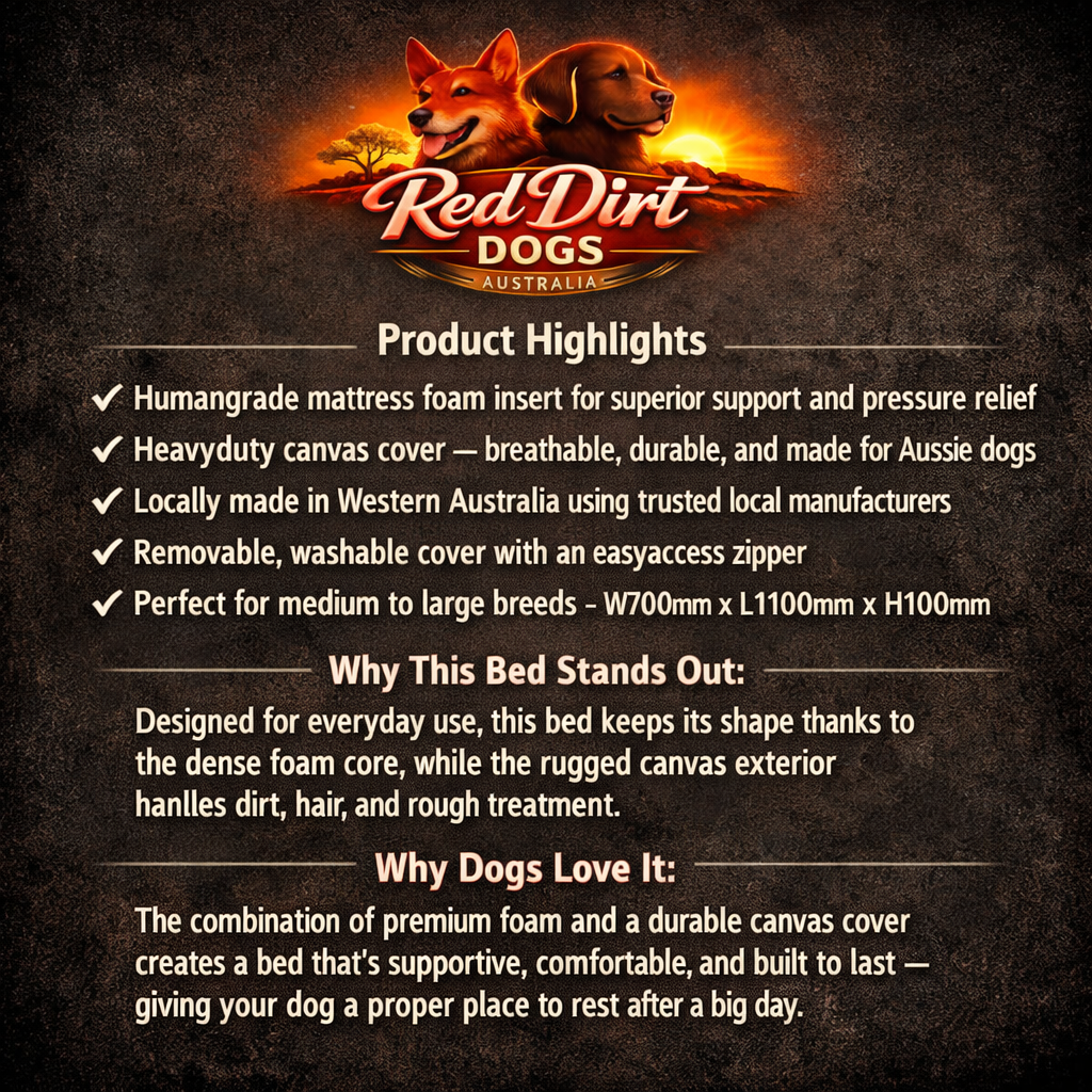 Product highlights of Red Dirt Dogs Australia mattress for dogs on a dark background