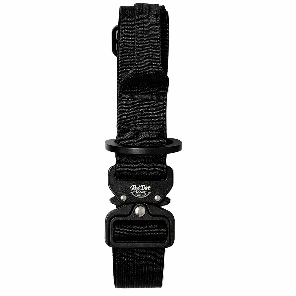 A black tactical dog collar with a quick-release plastic buckle, a metal ring, and a silver rivet, shown against a plain white background.