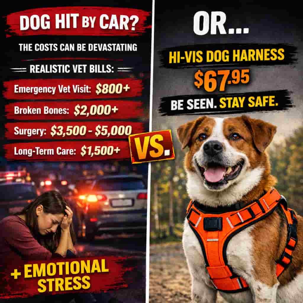 A promotional comparison graphic for a dog harness. The left side shows a stressed woman at night with car lights and text about expensive vet bills.