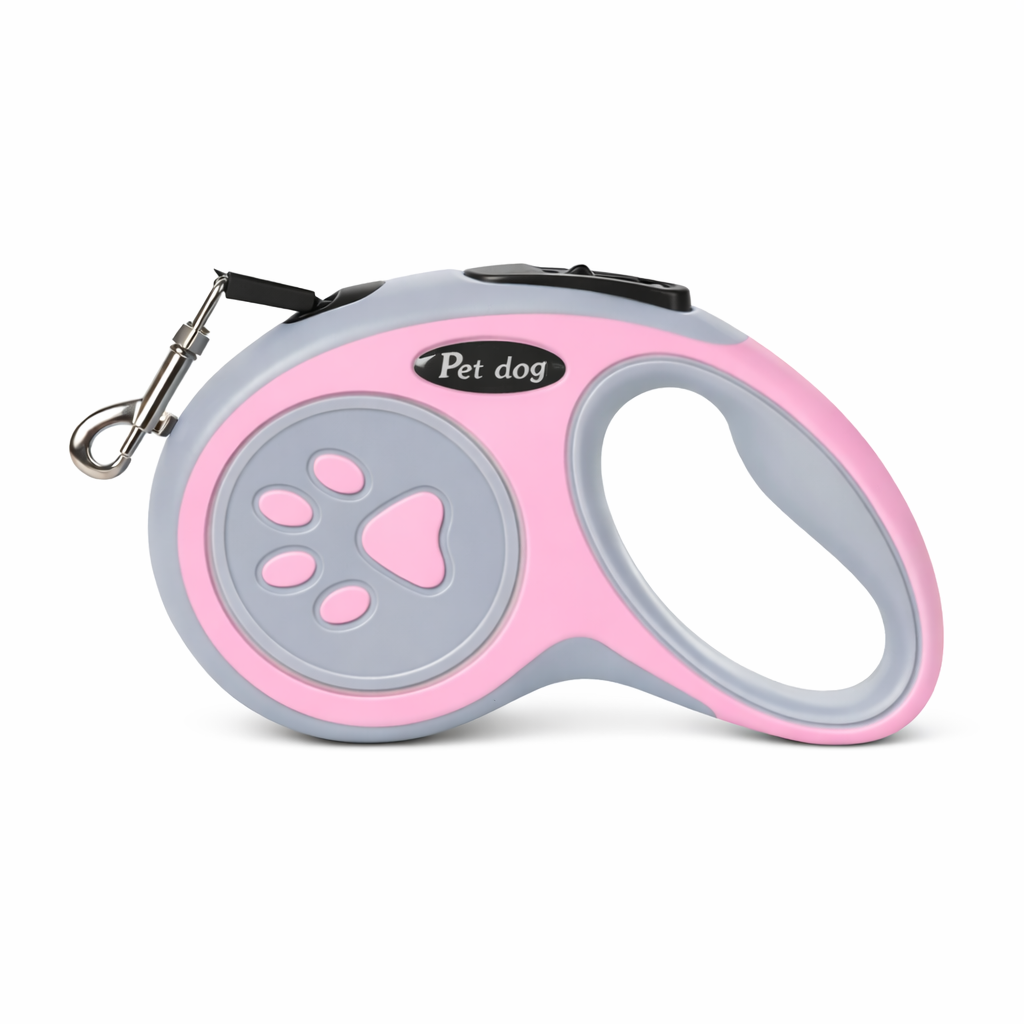 Pink and gray retractable pet dog leash with a paw print design and a metal clasp, shown on a white background.