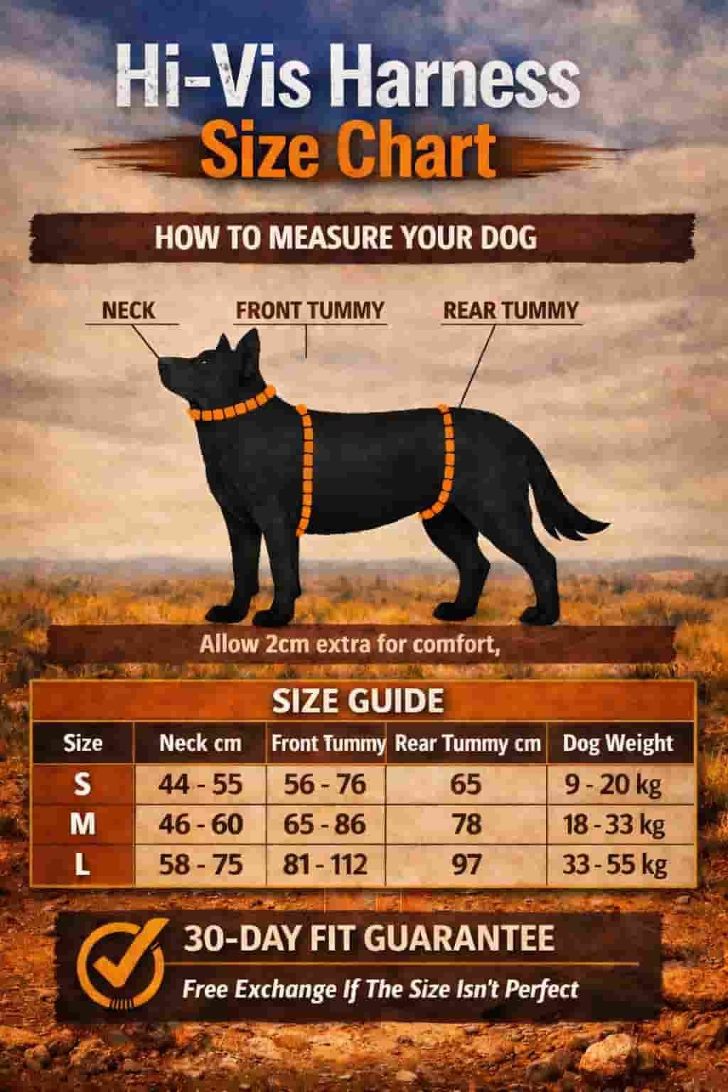 A size chart graphic for a dog harness, showing a black dog with orange harness lines and labels for neck, front tummy, and rear tummy. The graphic includes a size guide table with sizes S, M, and L and corresponding neck, front tummy, and rear tummy measurements in centimeters, along with dog weight ranges.