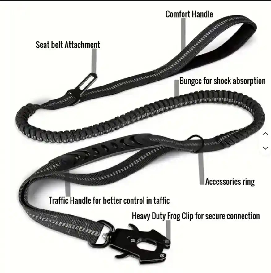 Black textured dog leash with multiple labeled parts including a comfort handle, seat belt attachment, bungee shock absorption, accessories ring, traffic handle, and heavy duty frog clip, shown on a white background.
