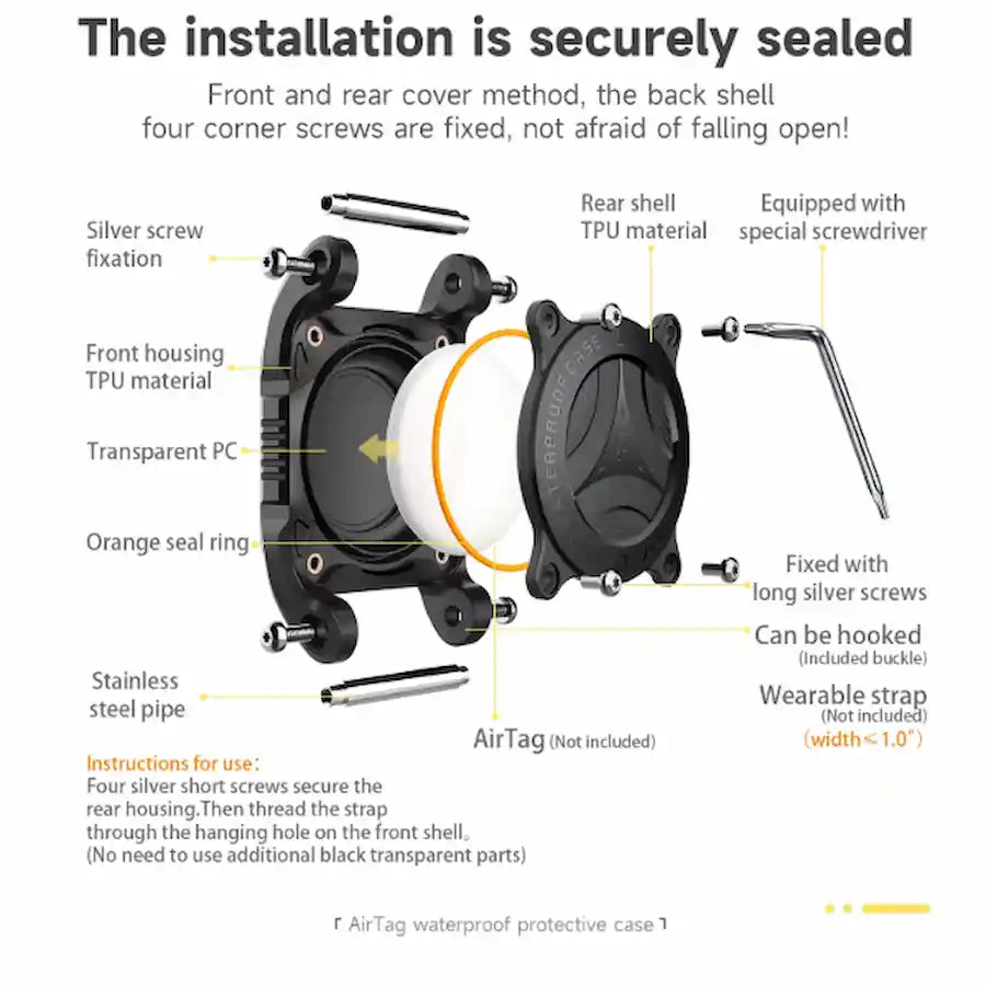 Installation diagram showing the exploded view of a waterproof protective case, with labeled parts such as silver screw fixation, front housing, transparent PC, orange seal ring, rear shell, and stainless steel pipe, plus text explaining secure sealing and usage.