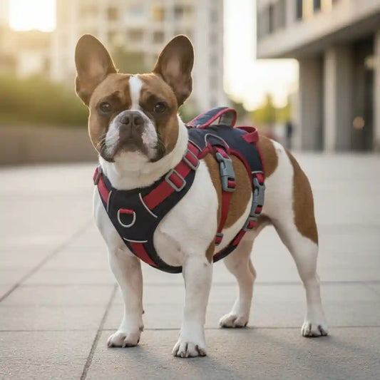 A French Bulldog wearing a red and black harness with gray buckles, standing on a paved outdoor walkway.