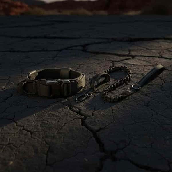 A dark olive tactical dog collar with metal hardware and a matching braided lead rope laid on cracked dry ground outdoors.