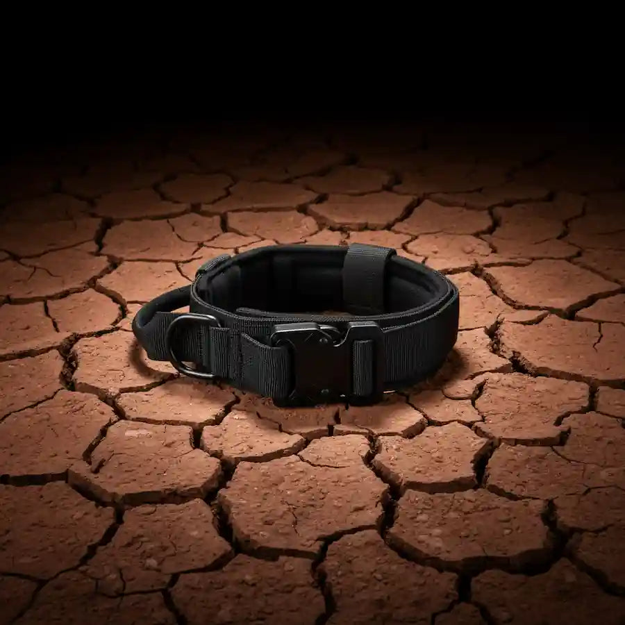A black tactical collar with a quick-release plastic buckle and metal D-ring, displayed on a cracked earth surface under dramatic spotlighting.