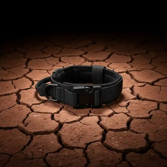A black tactical collar with a quick-release plastic buckle and metal D-ring, displayed on a cracked earth surface under dramatic spotlighting.