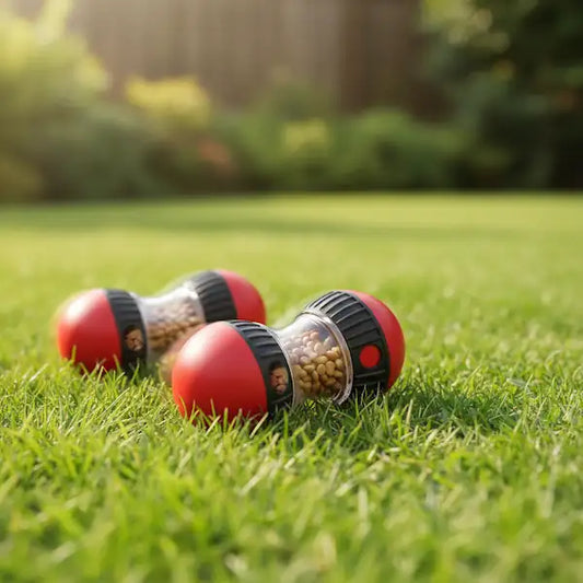 Red and black dumbbell treat dispensing toy on green grass, Boredom Breaker dog enrichment toy by Red Dirt Dogs Australia