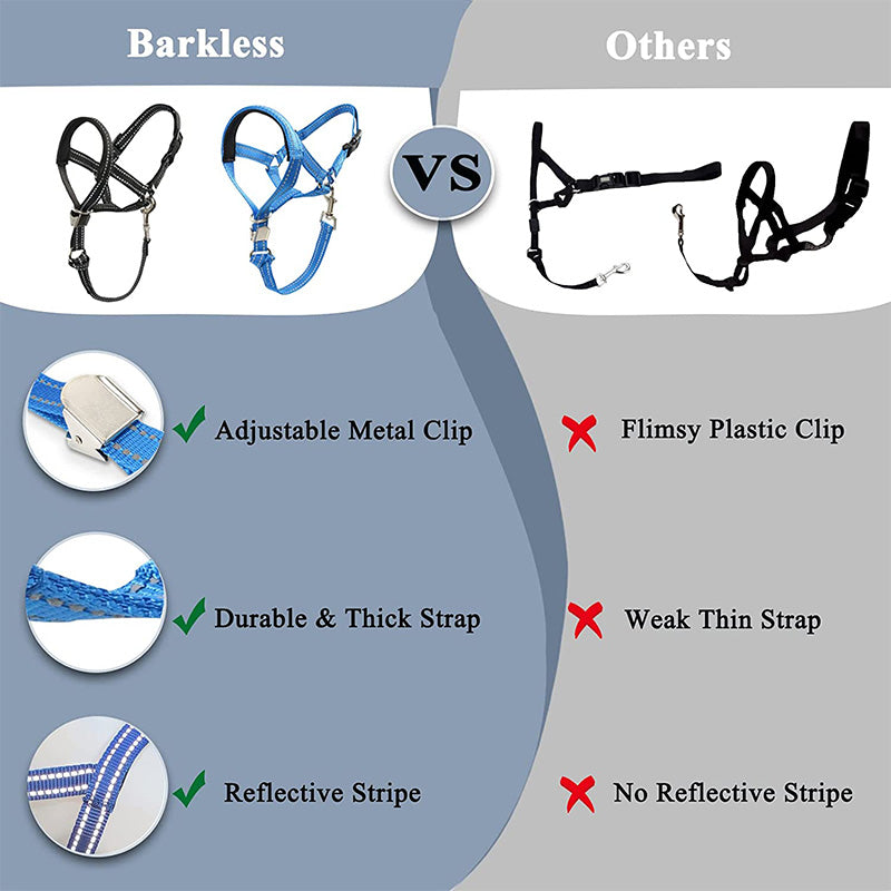 Comparison chart of 'Barkless' dog harnesses versus 'Others' with features highlighted.