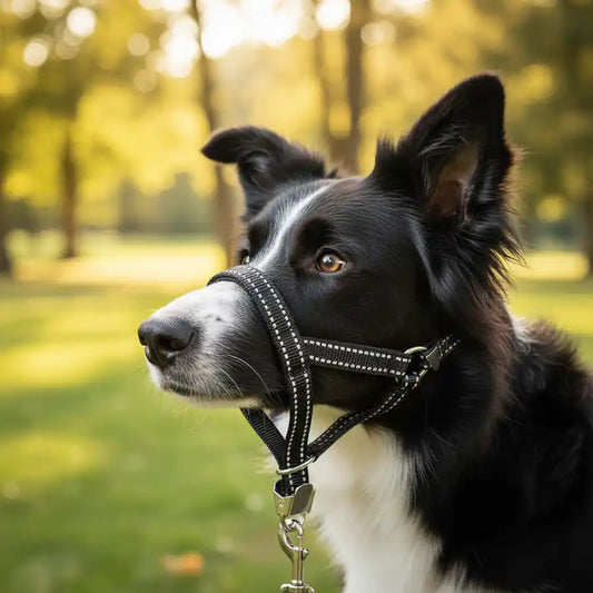 A black and white dog wearing a black dog halter with silver reflective stitching, photographed outdoors in a sunny park with a blurred green background.