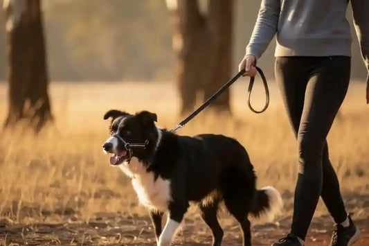 A black and white dog walking on a leash held by a person in a gray sweatshirt and black leggings, outdoors in a sunlit grassy field with trees in the background.