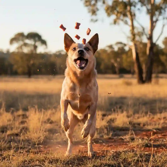 A tan and white dog running excitedly through a dry grassy field at sunset, with small pieces of reddish-brown food tossed in the air above its head.