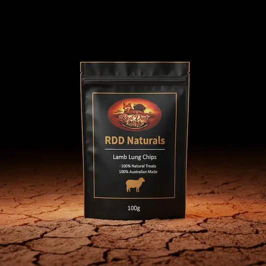 Lamb Lung Chips: RDD Naturals Lamb Lung Chips 100g pouch on cracked red outback clay, Red Dirt Dogs Australia