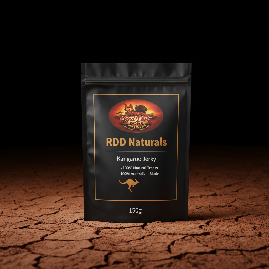 A black stand-up pouch of RDD Naturals Kangaroo Jerky stands upright on cracked brown earth against a black background. The front label is black with gold border lines and text, featuring the RDD Naturals logo at the top and '150g' at the bottom.