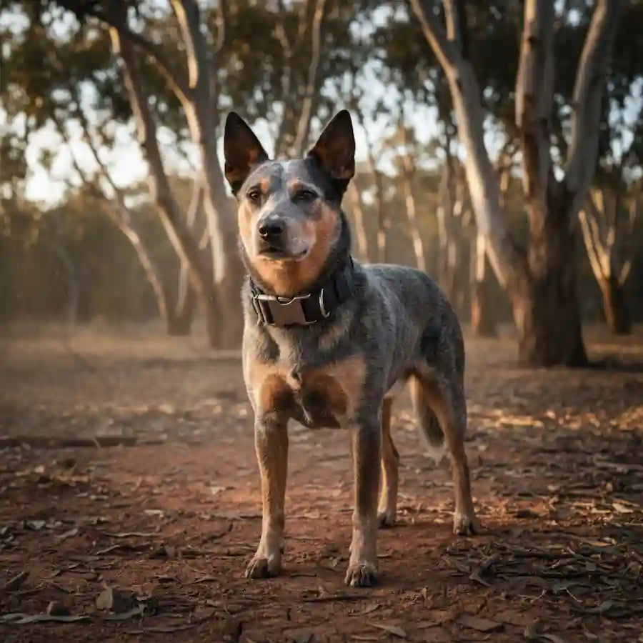 A blue heeler dog standing on a dirt path in a wooded outdoor setting, wearing a black collar.