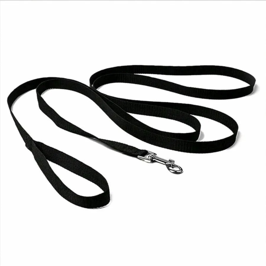 A black woven nylon dog leash with a silver metal snap hook clasp, displayed on a clean white background.
