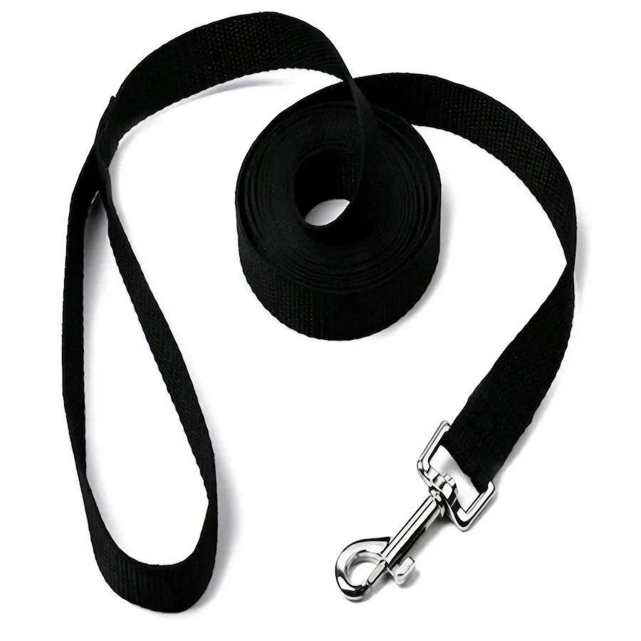 A black woven dog leash with a silver metal swivel snap hook, shown coiled on a white background.