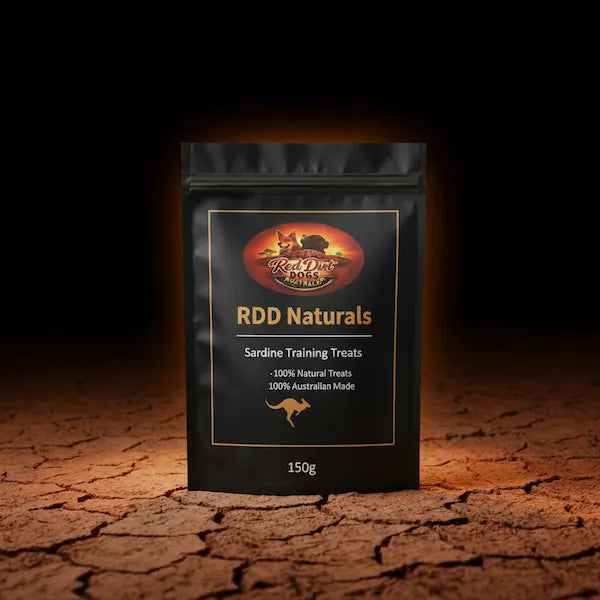 RDD Naturals Sardine Training Treats 100g pouch on cracked red outback clay, Red Dirt Dogs Australia