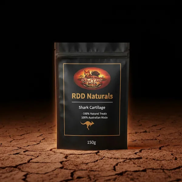 Shark Cartilage: RDD Naturals Shark Cartilage 150g pouch on cracked red outback clay, Red Dirt Dogs Australia